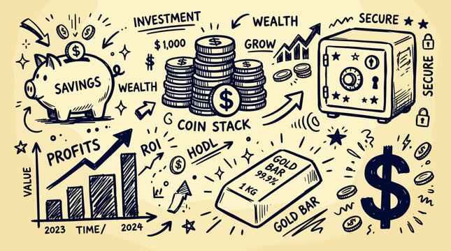 Financial growth and investment concept with piggy bank coins gold bar safe and charts showing profits and wealth accumulation