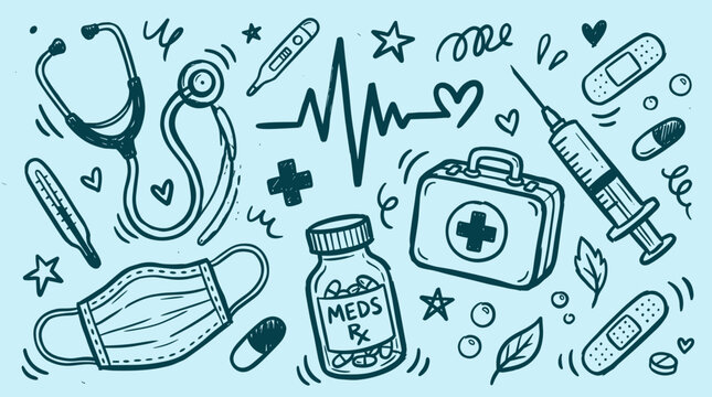 Doodle style medical icons and symbols on a light blue background representing healthcare and medicine concepts