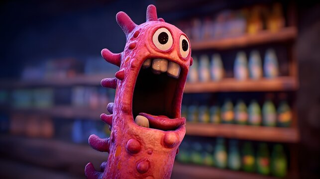 An animated creature making a surprised expression. It has a pink, oblong body and an open mouth. Background appears to be a store