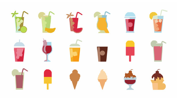 Flat summer beverages and ice cream icons vector set with refreshing drinks and desserts isolated on white background