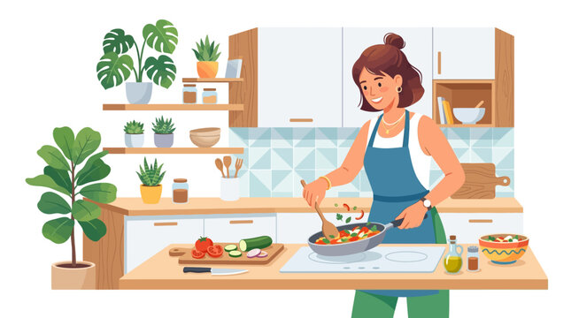 Woman cooking healthy food in a modern kitchen.