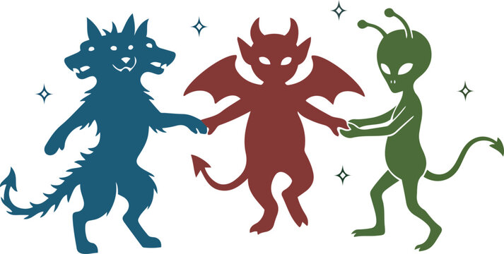 blue wolf red devil and green alien holding hands together