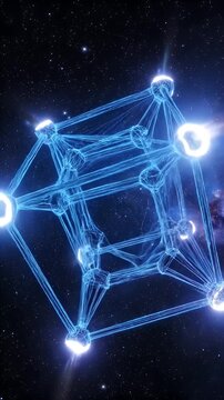Tesseract Hypercube Motion Art - An eight sided tesseract with white hole points is shown against a starry night sky background. The motion art is a blue color and features complex geometric patterns.