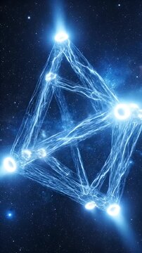 Abstract Tesseract with White Hole Points - An abstract eight-sided tesseract shape with eight white hole points emitting light is presented against a blue space background filled with stars.