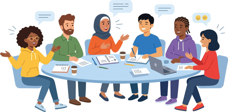 Seven people engaging in lively dialogue around a blue circular table with.