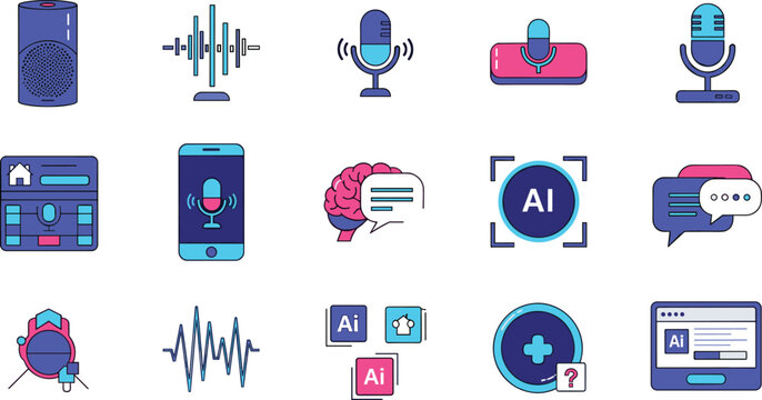 Voice assistant and artificial intelligence technology icons set, flat vector illustrations of smart speakers, sound waves, AI chat bots and voice recognition isolated on white