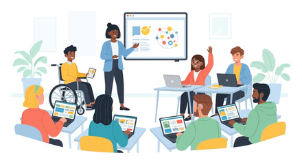 Fototapeta premium Inclusive Digital Classroom: Diverse Students and Teacher Leading Modern Training Session with Accessible Learning and Laptops