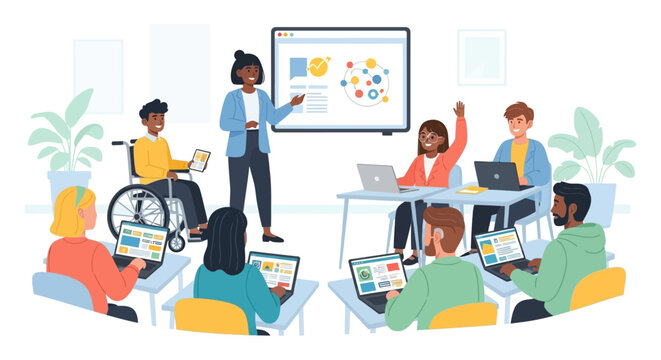 Inclusive Digital Classroom: Diverse Students and Teacher Leading Modern Training Session with Accessible Learning and Laptops