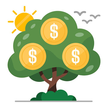 Cartoon tree with dollar coins and sun in the background