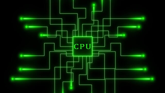 Neon-lit circuit diagram highlighting a central cpu component with glowing green pathways
