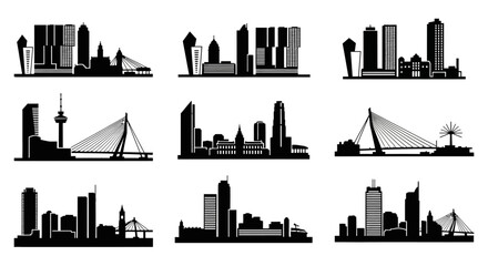 Fototapeta premium Cityscape Silhouettes: Modern Skylines and Architectural Landmarks Collection