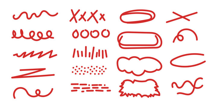 Diverse collection of hand-drawn red doodle lines, shapes, and marks, perfect for highlighting, underlining, circling, and annotating digital documents and presentations.