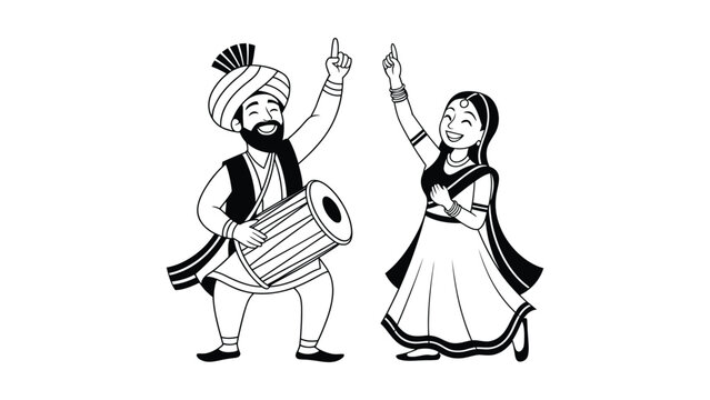 Traditional Punjabi bhangra and giddha dance illustration, black and white line art of cultural folk dancers celebrating Punjabi heritage and festivity