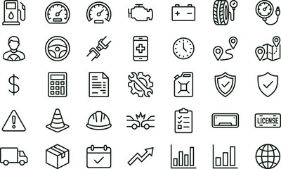 Fototapeta premium Fleet management dashboard outline icon set featuring vehicle analytics maintenance monitoring logistics performance safety interface vector symbols collection