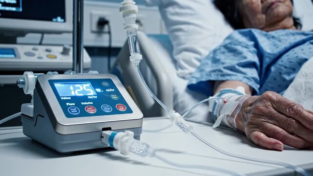 Hospital patient lying in bed with medical device monitoring vital signs on screen, receiving treatment in a clinical setting