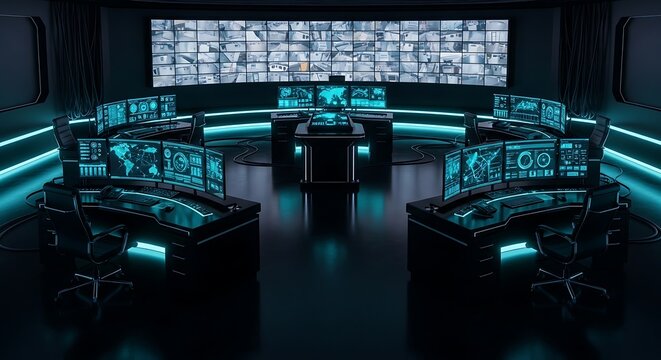 Futuristic command center with multiple screens displaying data and surveillance feeds creating a high tech environment for global monitoring and control