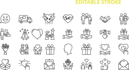 Fototapeta premium Love icons set, romance, relationship, wedding, couple, heart, gift, bouquet, handshake, emotions, affection, dating, marriage, happiness, car