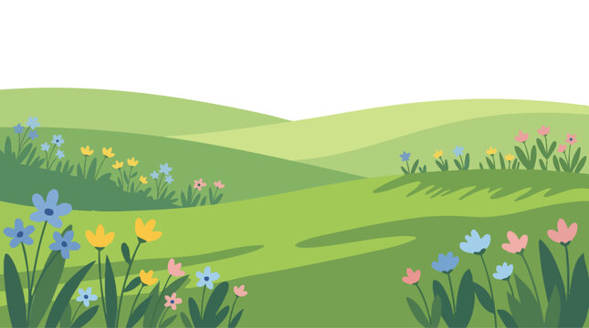 Meadow with Minimalist Wildflowers on Rolling Green Hills Illustration