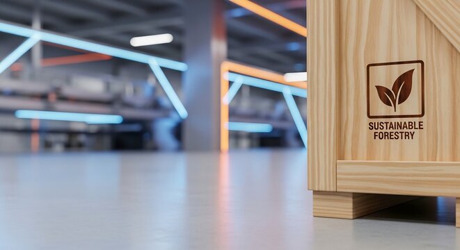 Wooden Crate with FSC Sustainable Forestry Label in Modern Warehouse Interior