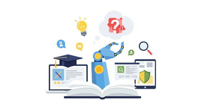 AI Education Concept: Robot Learning, Automation, and Digital Knowledge Research. E-Learning Platform with Data Security and Innovation.