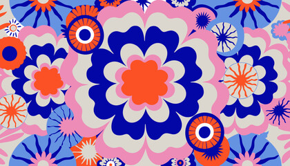 Fototapeta premium Psychedelic floral pattern with bold geometric shapes and retro colors, 60s inspired art