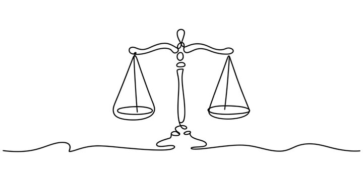 A minimalist single line drawing of the scales of justice representing legal balance and fairness Vector, illustration
