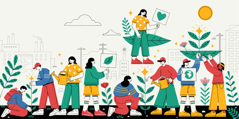 Fototapeta premium A colorful illustration of people planting and nurturing plants in an urban setting with a focus on sustainability and eco-friendliness.