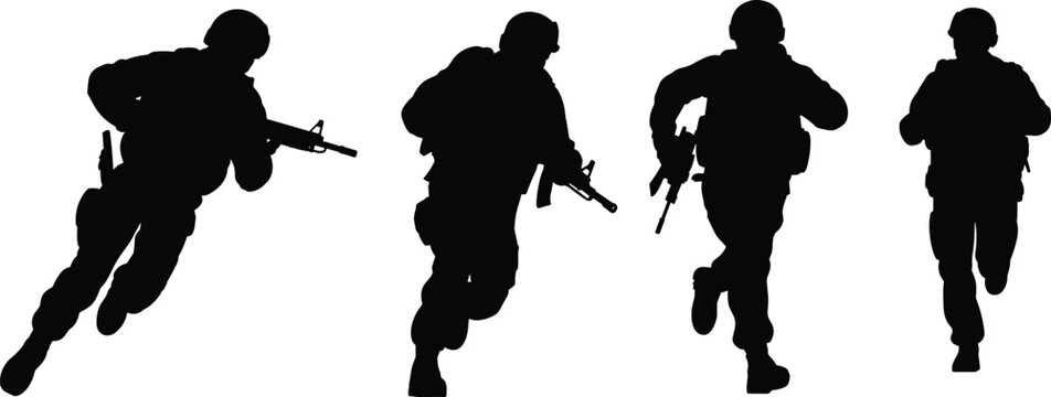 Military soldiers running with rifles silhouettes combat action army troops tactical movement security defense concept, vector illustration