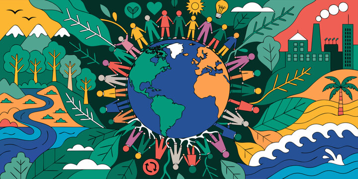 A vibrant illustration of people from around the world coming together to protect the Earth and its natural resources.