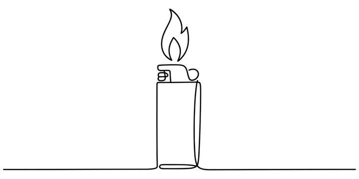 A minimalist single line drawing of a simple handheld cigarette lighter with a small burning flame Vector, illustration