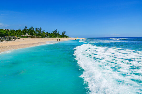 Scenic tropical landscape of Saint Gilles Les Bains beach, Reunion Island, Africa