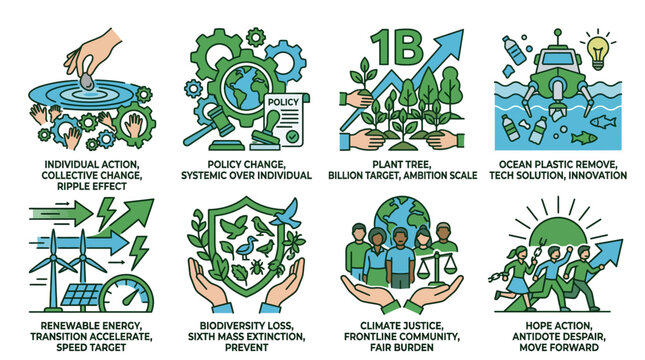 Sustainability and Climate Change Action Solutions Infographic Icons Set