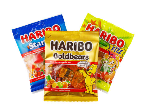 Haribo goldbears, starmix, and fizz gummy candy packs