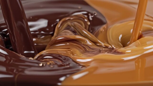 Chocolate and caramel pouring into each other