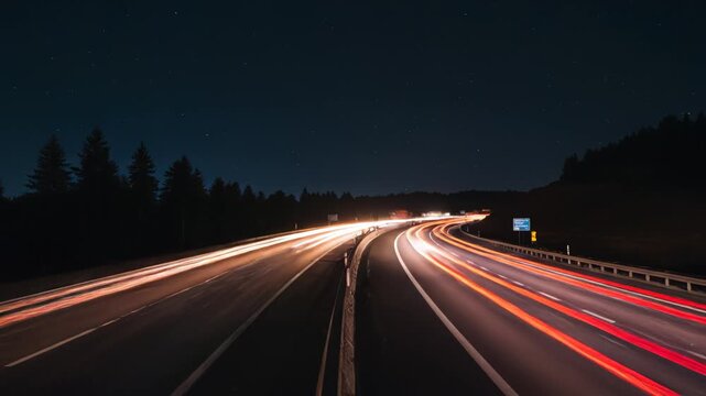 Nighttime highway with light trails