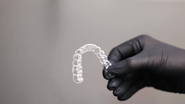 Transparent dental aligner in dentist hand on gray background clear view