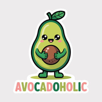 Kawaii avocadoholic sticker vector, cute avocado character with big eyes holding a seed, funny food pun illustration for t-shirt design