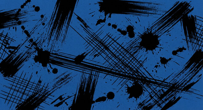 Dynamic black brushstrokes and expressive ink splatters on a vibrant blue canvas, creating an abstract artistic background texture perfect for creative projects
