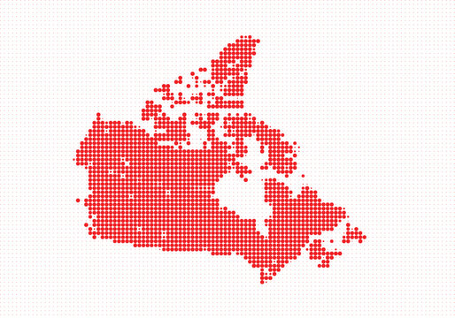Dot matrix style map of canada with red dots representing the countrys geographical outline