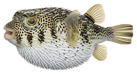 Pufferfish with distinctive black and white spots on white background with marine life © Moniruzzaman
