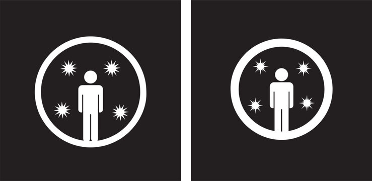 Two stylized icons representing a person within a circle surrounded by stars, symbolizing cosmic connection, spirituality, or self-discovery on a black background
