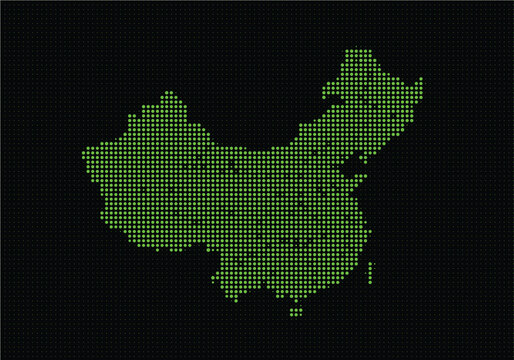 Digital pixel art map of china with green dots on representing geographic regions and borders