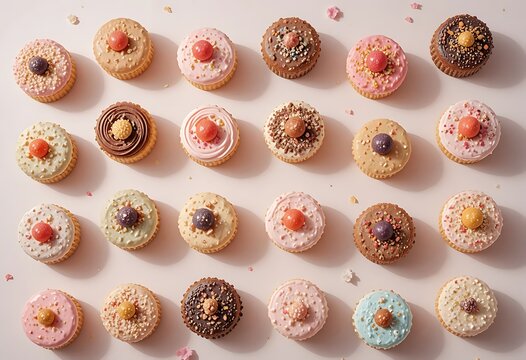 A collection of assorted gourmet cupcakes arranged in a grid pattern on a light pastel background. und kuchen