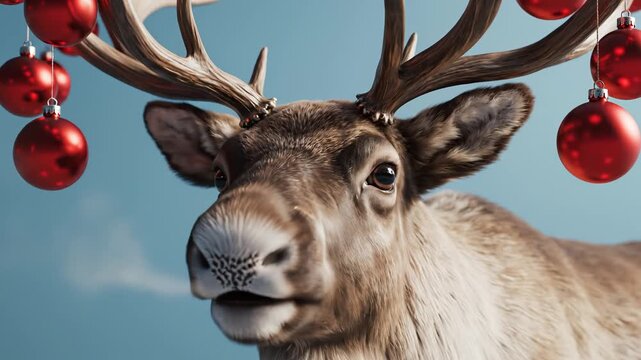 Reindeer with Christmas ornaments on antlers