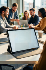 Fototapeta premium Digital tablet with a white display sits on a white desk during a business meeting. Shallow depth of field technique blurs professional colleagues in a bright room. Corporate presentation concept