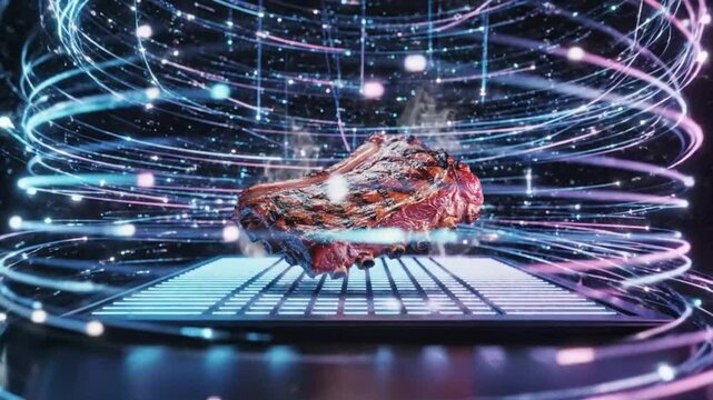Gourmet Ribeye Steak Cooked to Perfection on Modern Grill with Stunning Futuristic Visual Effects