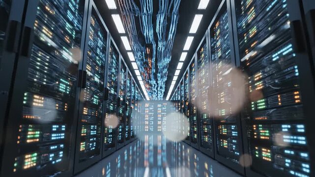 Rows of server racks in a data center