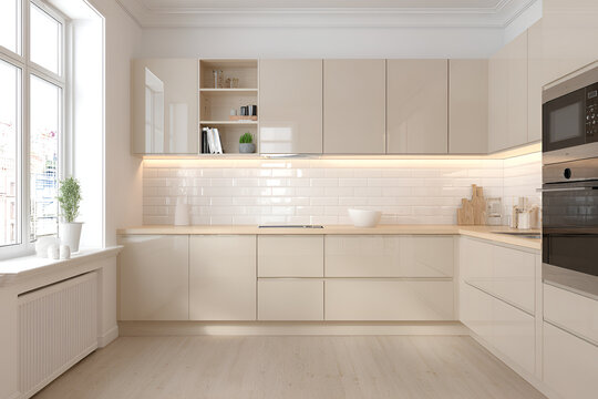 Modern kitchen with sleek, glossy beige cabinets, light-colored countertops, and white subway tile backsplash. Natural light from a window illuminates the space