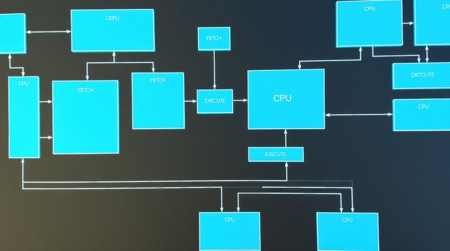 Diagram depicts CPU operations. Fetch, execute stages shown with connections between processing units. Complex system flow illustrated.