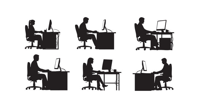 People working on computer in different sitting positions at office desk isolated on transparent background